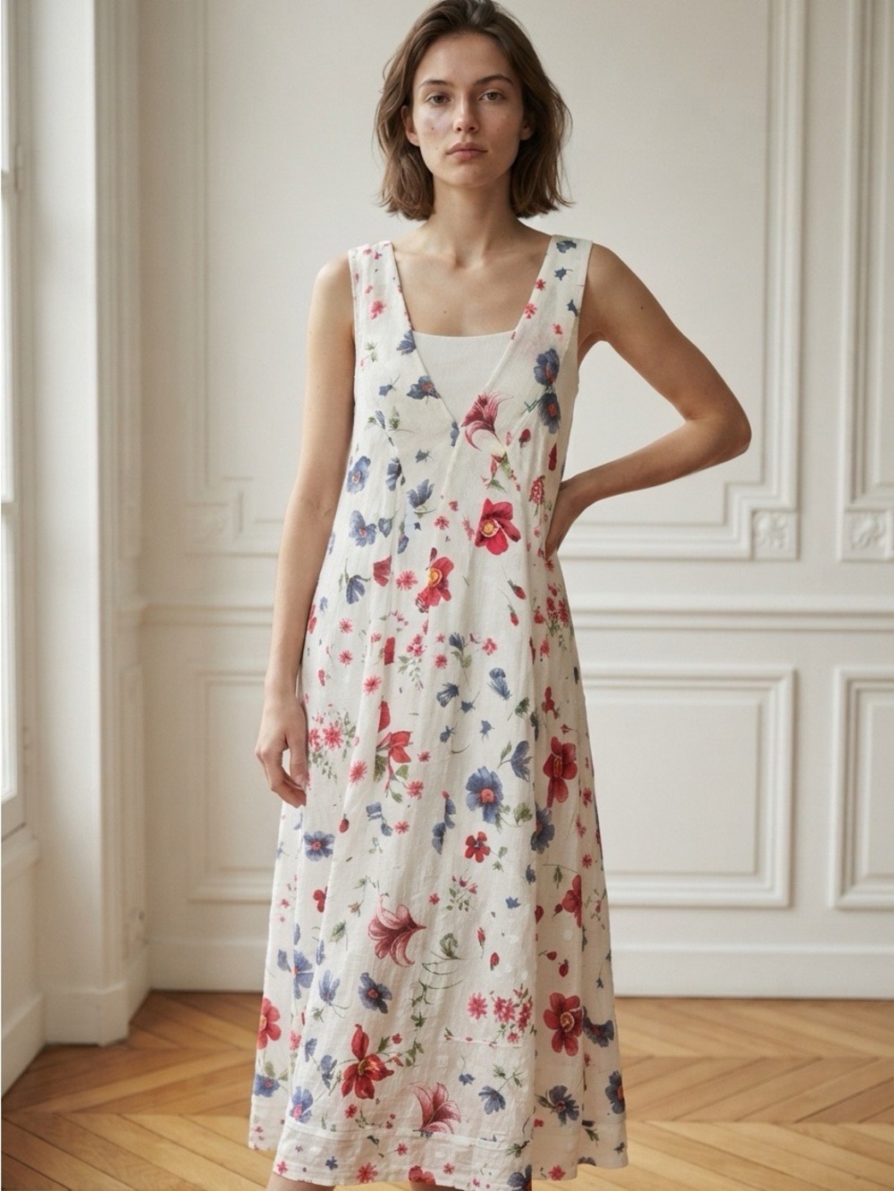 2367 - Me & Gee Floral Linen Mixed-Media Midi Dress-Made Italy